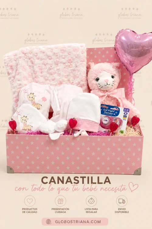 Canastilla Bebé “Primeros Mimos” Rosa con Globo Corazón | GT-BB004